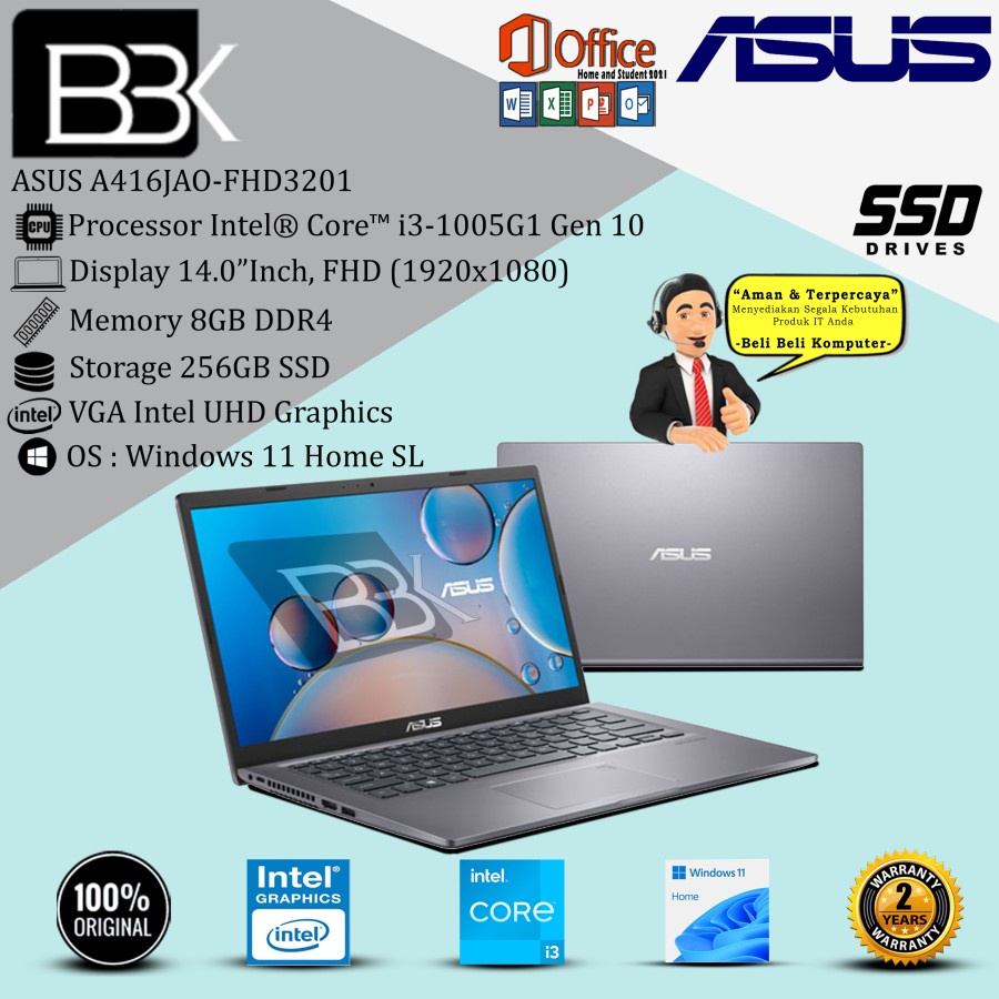 ASUS A416JAO-FHD3201 i3 1005G1 8GB 256GB W11 OHS21 2Yr