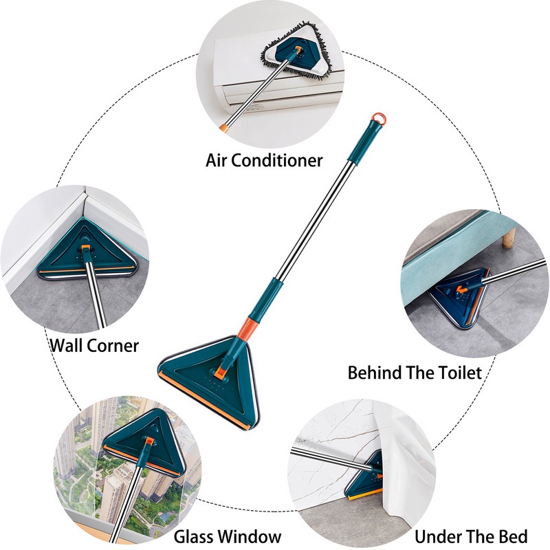 【COD】Rotating Triangle Retractable Cleaning Mop Retractable Glass Cleaner Ultrafine Serat Instalasi Mudah Penyimpanan Pembersihan Dust Mop