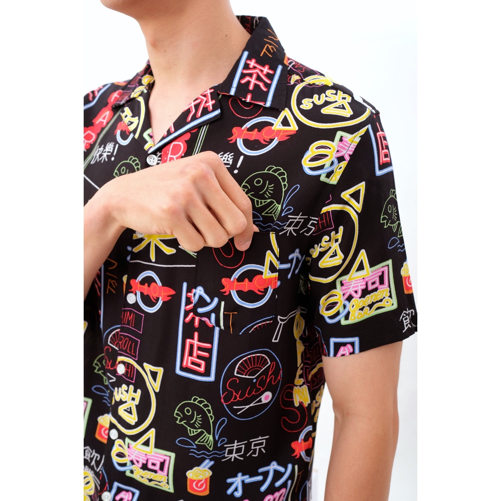 Kemeja Hawai Pria Baju Pantai Katun Rayon Hawaiian Bowling Shirt Motif Abstrak Lengan Pendek