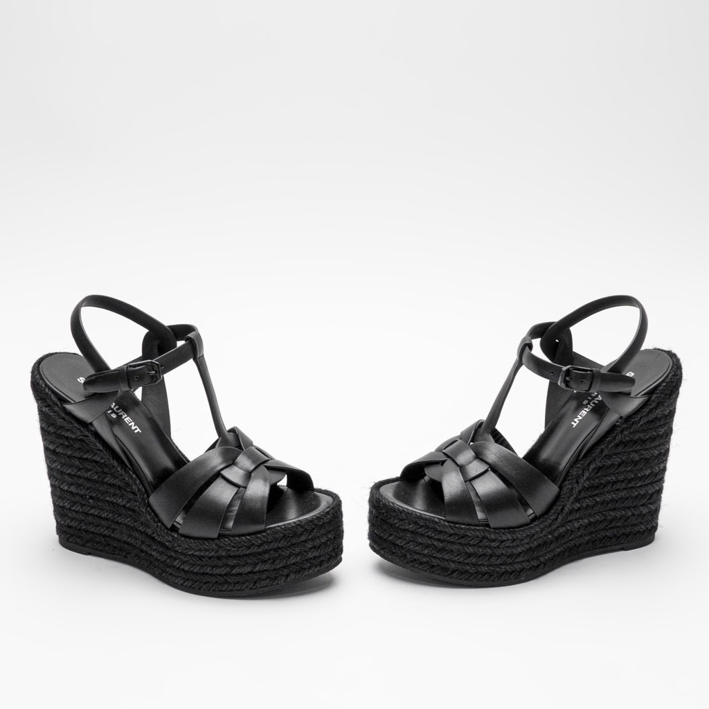 Snt Laurent Tribute Espadrilles 12cm Wedge Sandal Black Calf