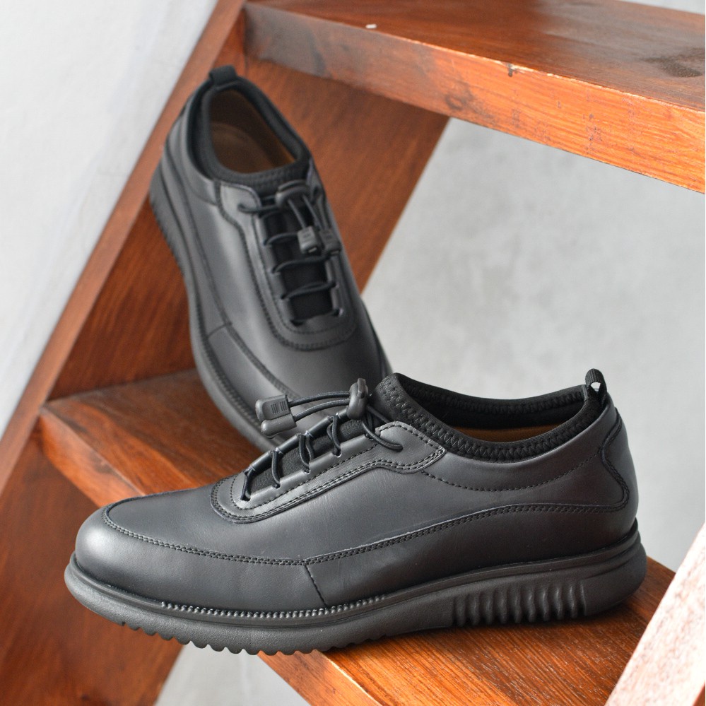 Wave Leather (Kulit Asli) - Sepatu Pantofel Formal Casual Oxford Pria Kerja Kuliah Kantor Santai Hitam Bertali Pantopel Original