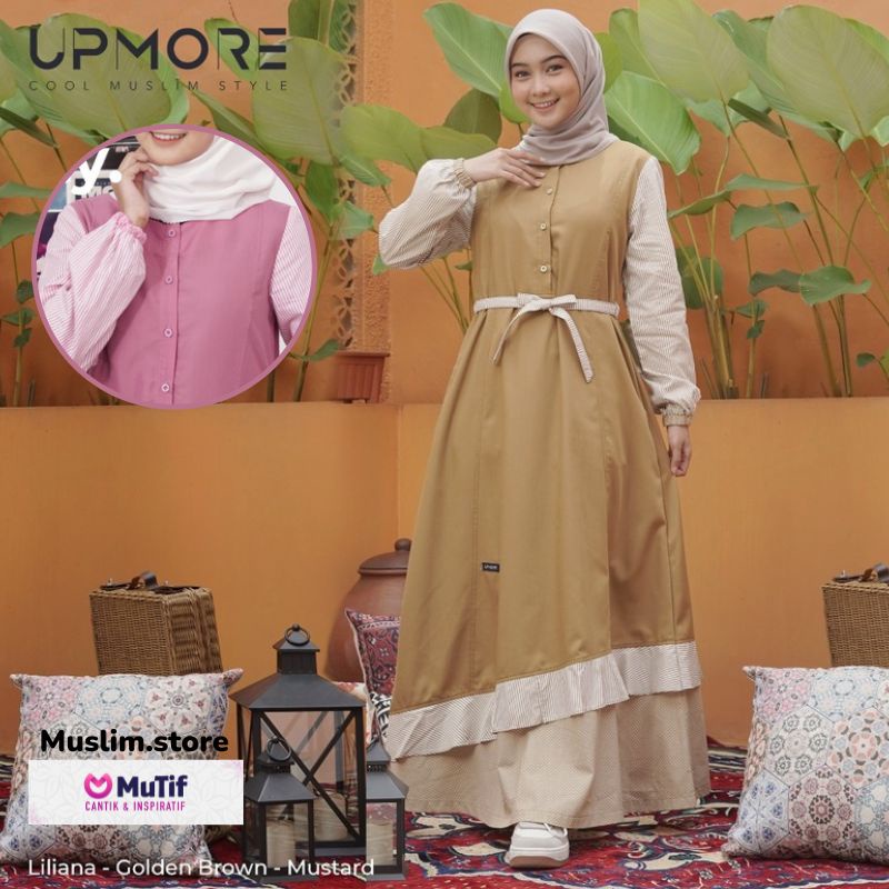 Gamis MUTIF UPMORE LILIANA Brown Pink Dress Wanita Muslim Katun Kualitas Remaja Dewasa S-3XL