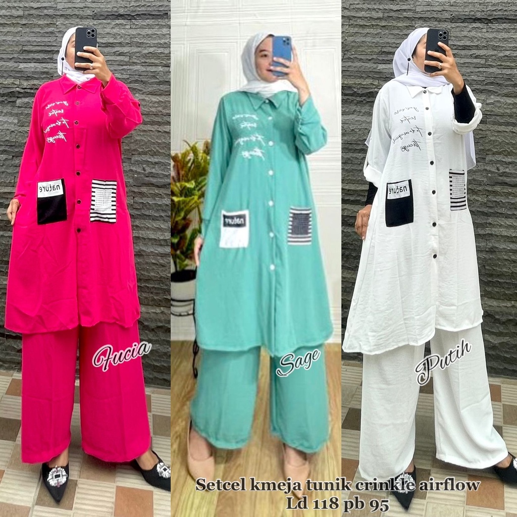 NATURE SET KULOT KEMEJA LONG TUNIK MATT CRINKLE BRAND Z*RA // SETELAN WANITA JUMBO LD 110 LONG TUNIK