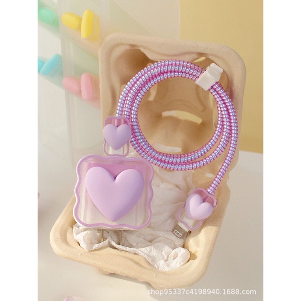 Pink &amp; Purple Heart Softcase Pelindung Kabel Cas HP Lucu Cable Charger Protector for iphone