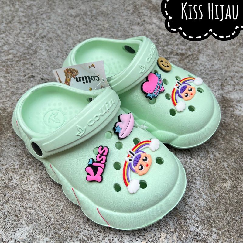 Sandal baim anak perempuan terbaru Sandal bakpau jibbitz Kiss Rainbow Sepatu sandal anak wanita trendy Collin sendal kodok viral