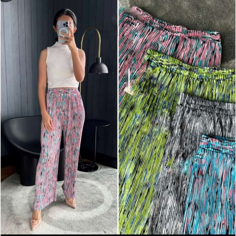 celana plisket kulot premium motif abstrak bunga awan