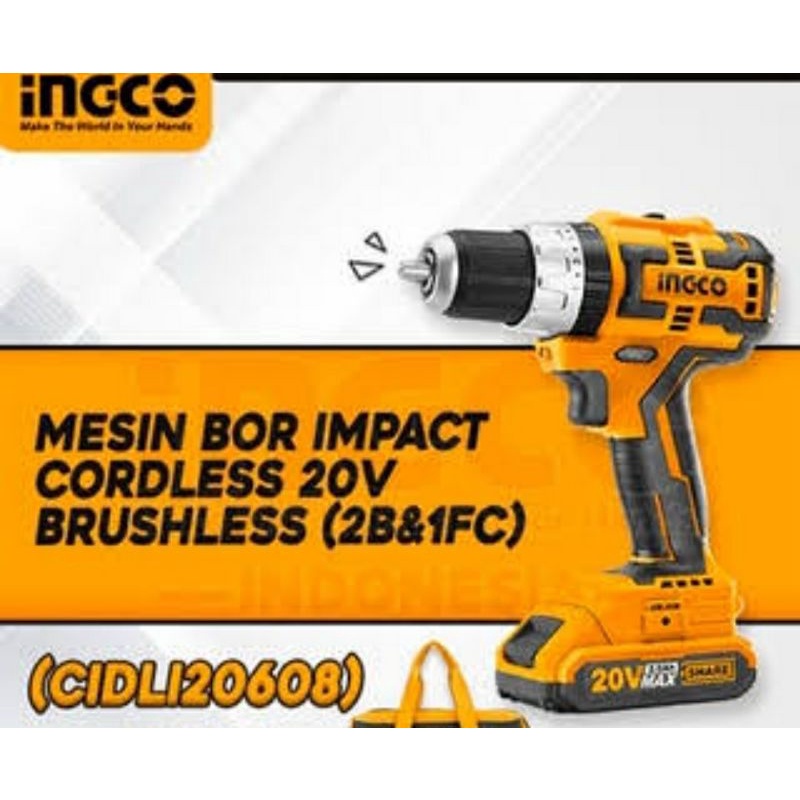 Ingco Mesin Bor Impact Baterai 13mm 20V /Brushless / Include 2 Baterai dan 1 Carger CIDLI20608