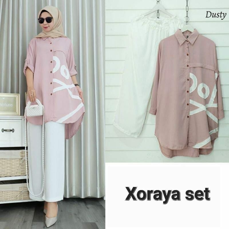 SET XORAYA FASHION PAKAIAN WANITA SETELAN ATASAN DAN CELANA BAHAN MOSCREPE EDHM