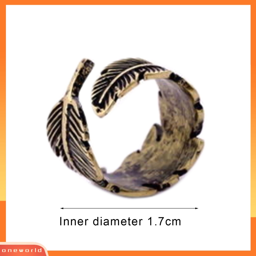 {oneworld} Cincin Terbuka Motif Daun Etsa Bulu Adjustable Bronze Antik Unisex Opening Ring Jewelry Untuk Pesta