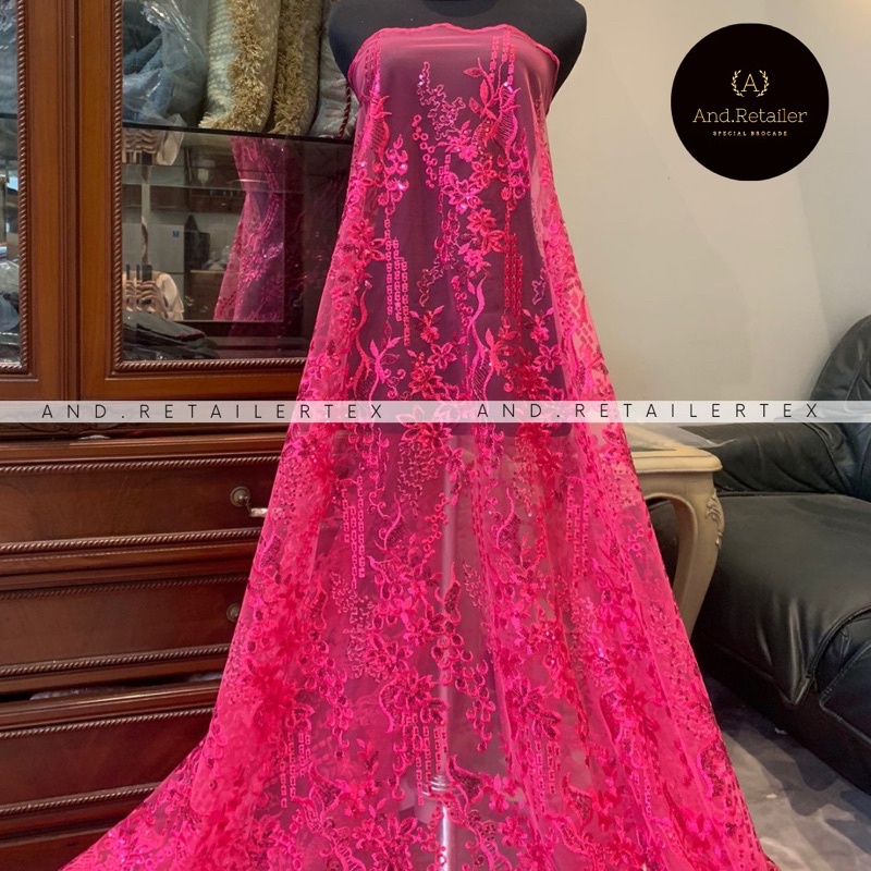 Bahan Kebaya Mewah Brokat Tile Bordir Payet Gracia Warna Pink Fuschia