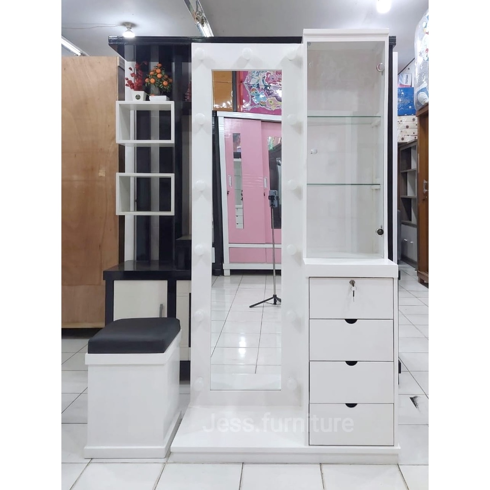 Meja Rias Lampu Kaca Full / Meja Rias Kaca Panjang Blokteak , Meja Rias Full Kaca Putih