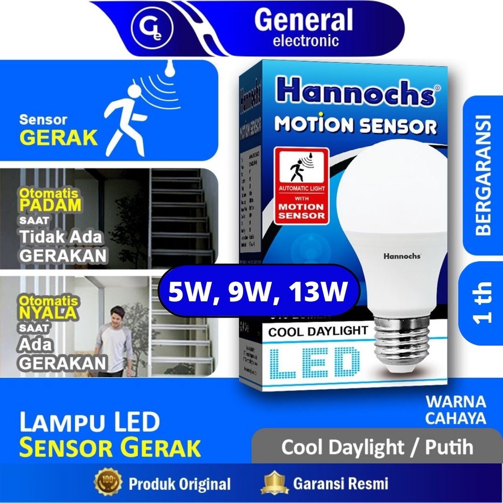 Lampu Led Motion Sensor Gerak Otomatis Hannochs 5W , 9W , 13W Cahaya Putih