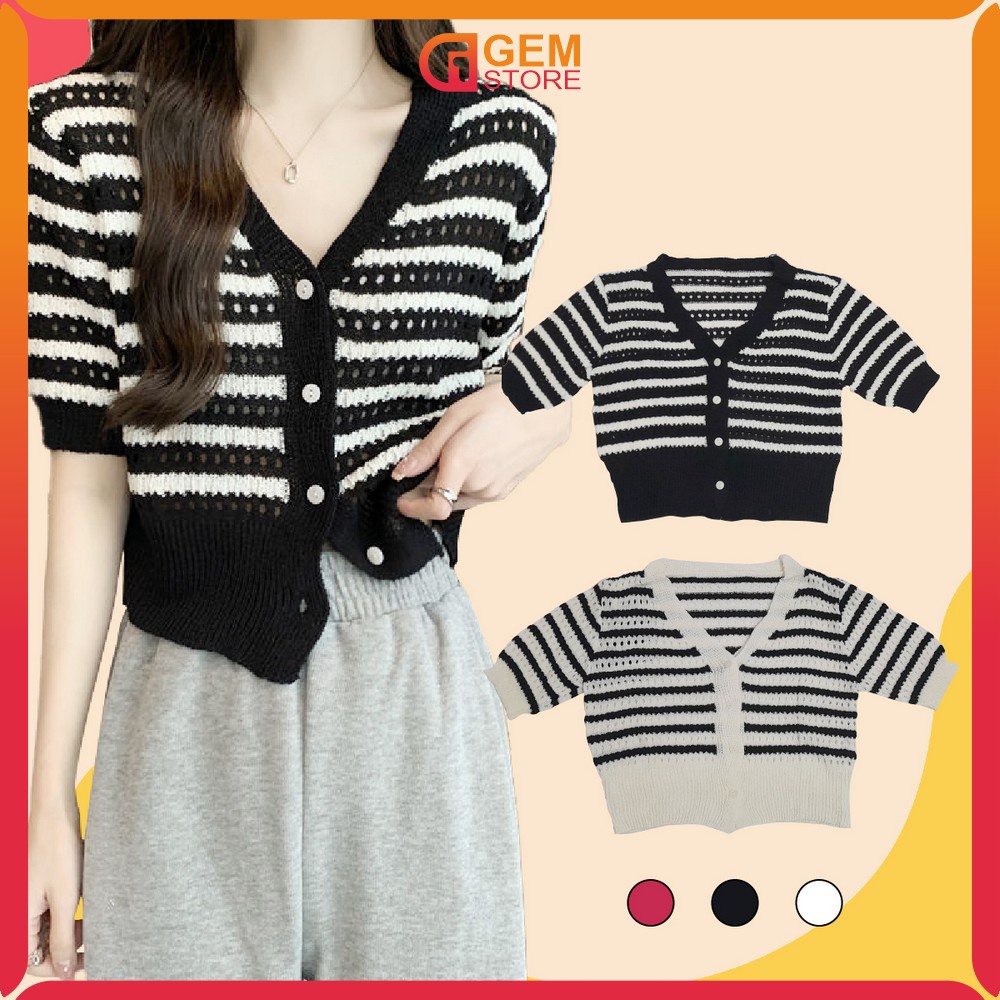 Cardigan Rajut Wanita Korea Model Crop Lengan Pendek Knitwear / Outer Knit Motif Garis Atasan Cardy 
