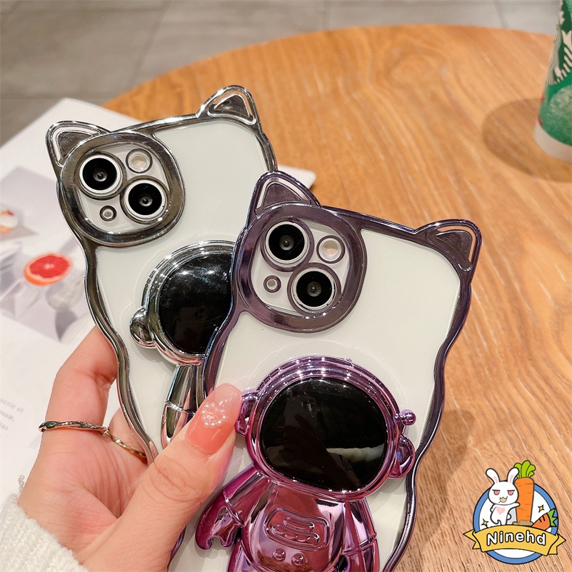 IPHONE Casing Kompatibel Untuk Iphone14 13 12 11 Pro Max Xr Xs Max Se8 7 Plus Telinga Kucing Plating Jernih Casing Ponsel Perlindungan Lensa Dengan Braket Astronot Shockproof Soft Case Cover Pelindung