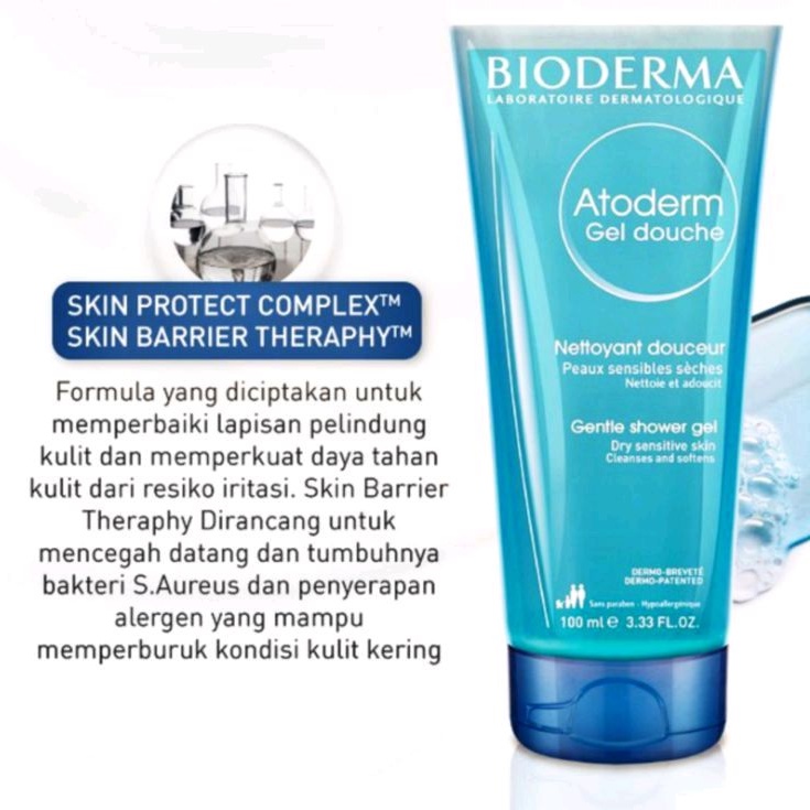 BIODERMA ATODERM GEL DOUCHE 100 ML PEMBERSIH MUKA DAN TUBUH WAJAH ULTRA GEL SHOWER NORMAL TO DRY SENSITIVE SKIN CLEANSES SOFTENS PROTECTS PEMBWRSIH BEBAS SABUN SOAP FREE