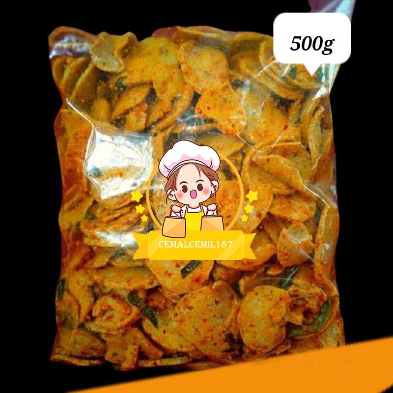 

Basreng daun jeruk pedas 500 gram Stengah Kg Basreng stik bumbu basah daun jeruk Rasa Original Pedas Extra Pedas