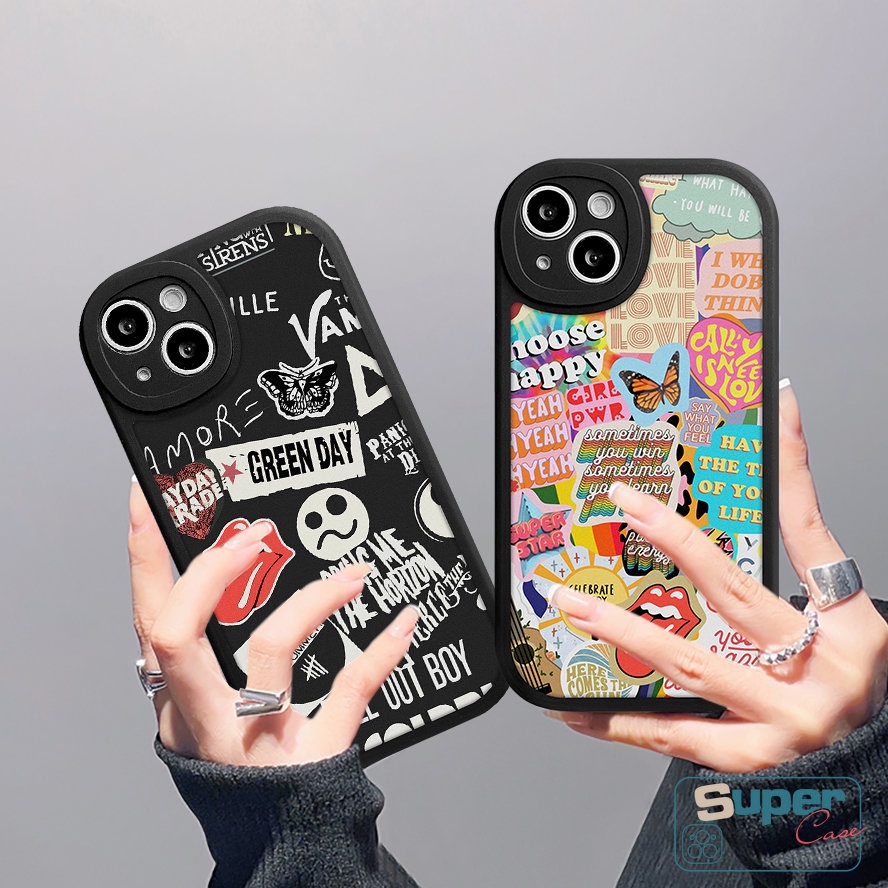 IPHONE Casing Kompatibel Untuk Iphone11 14 13 12 Pro Max7 8 6 6s 14 Plus XR X XS MAX SE 2020 Ins Fashion Trendy Merek Stiker Label Kupu-Kupu Huruf Soft TPU Case