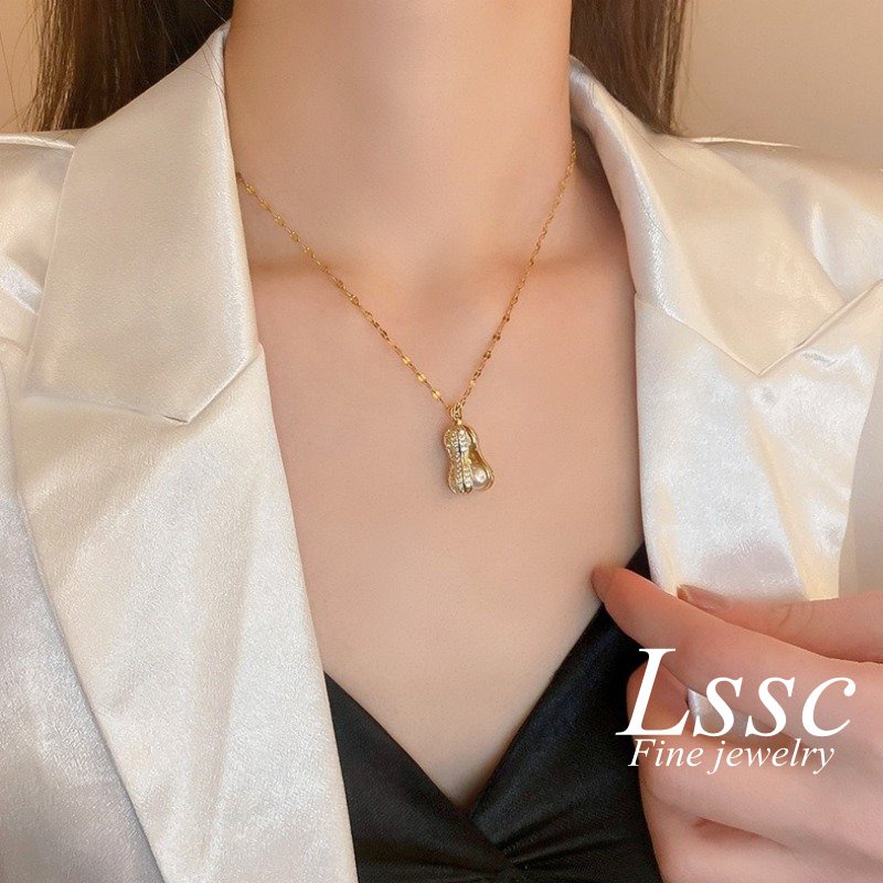 Kalung Titanium Kacang Mutiara Cantik Emas 18K Anti Karat Perhiasan Aksesoris Wanita Fashion Korea