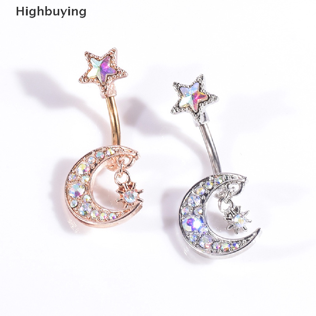 Hbid Cincin Pusar Belly Button Bar Kristal Bulan Bintang Menjuntai Perhiasan Tubuh Glory