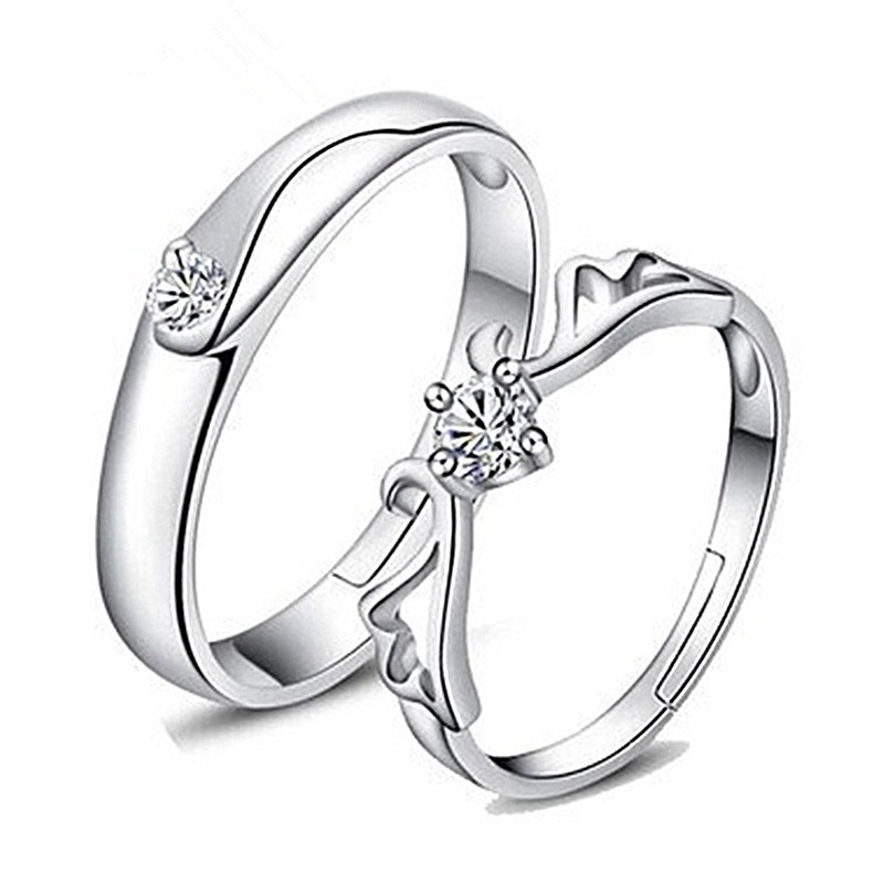 2 Pcs/Set925 Sterling Perak Adjustable Pasangan Cincin Berlian Fashion Wanita Perhiasan Cincin Couple Rings