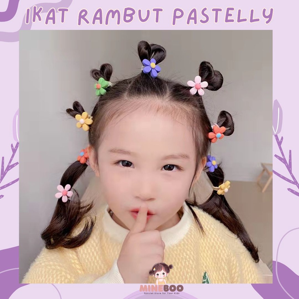 mineboo - IKAT RAMBUT PASTELLY 10PCS / Set Ikatan Rambut Anak Icon Karakter Import / Ikat Rambut Anak Karet Motif Karakter