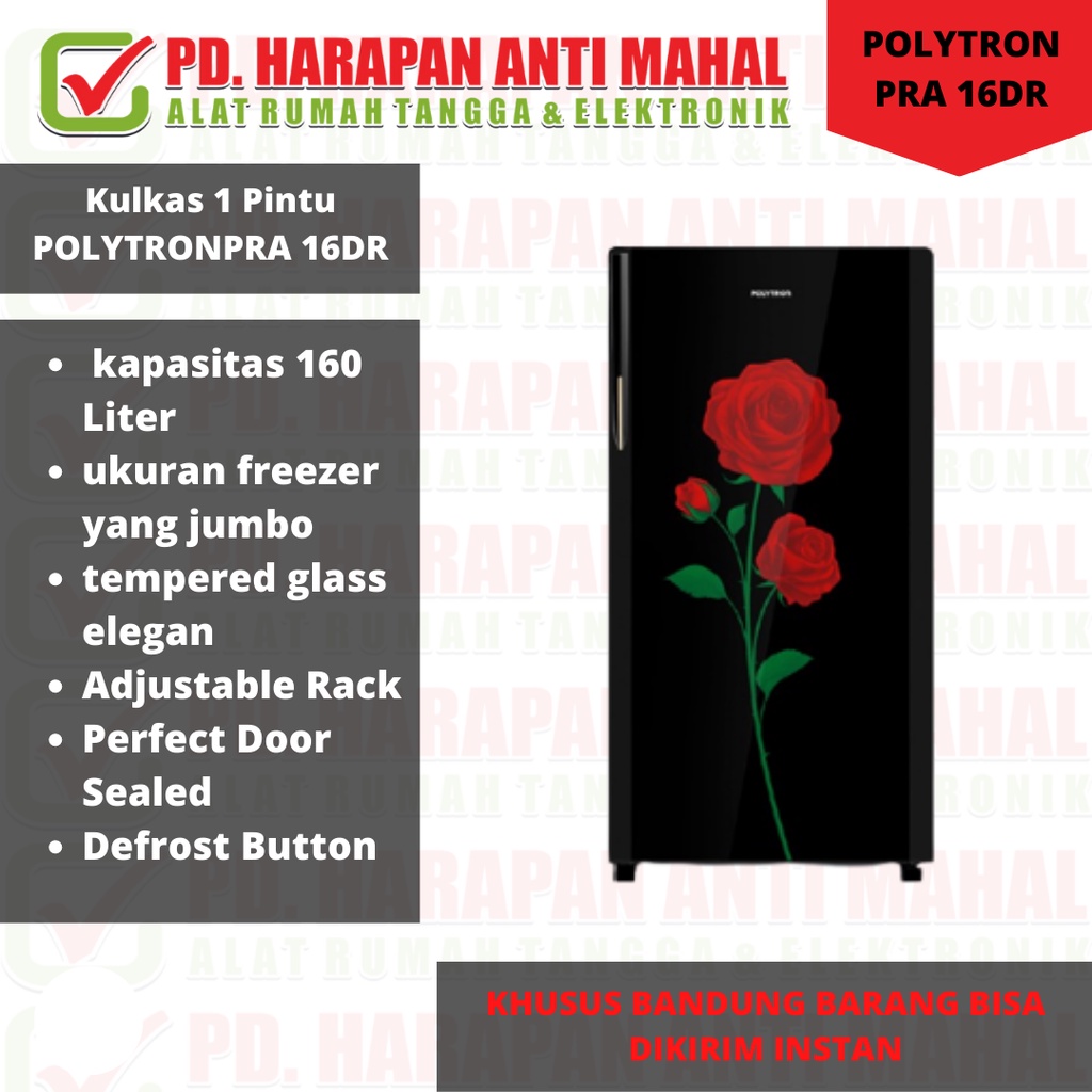 Kulkas 1 Pintu Belleza Varia 160 liter PRA 16DRX// Kulkas Polytron PRA 16DR (bunga mawar merah)//Kul