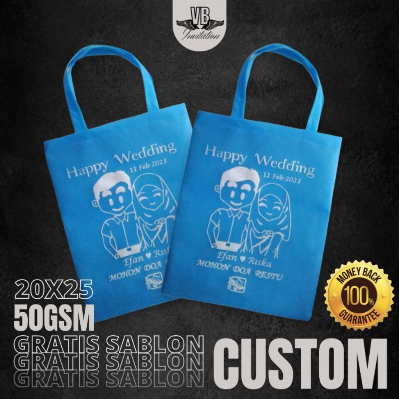 TAS SOUVENIR PERNIKAHAN BISA CUSTOM SABLON TERMURAH TERLARIS SIMPLE KEKINIAN 50GSM F 20X25