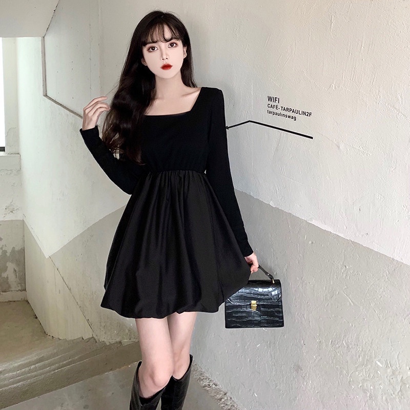 Wanita mini berleher persegi gaun hitam kasual dress Lengan Panjang