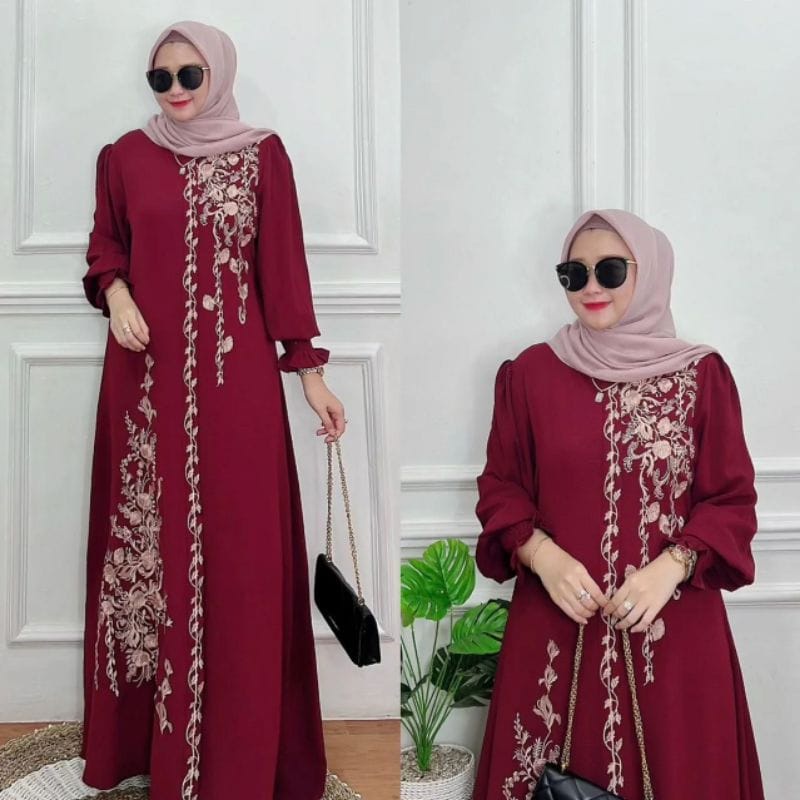 Baju Wanita Gamis Crinkle AirFlow Aksen Bordir Naysila Dress Kondangan Busui Friendly Gaun Pesta Muslimah Outfit Wanita Kekinian