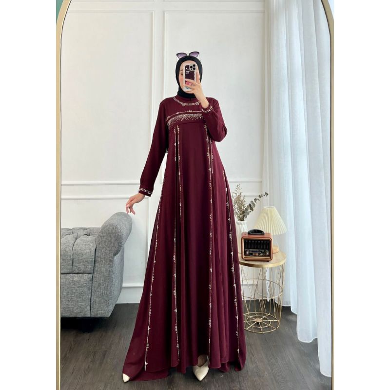 viora gamis bahan ceruty baby doll maroon
