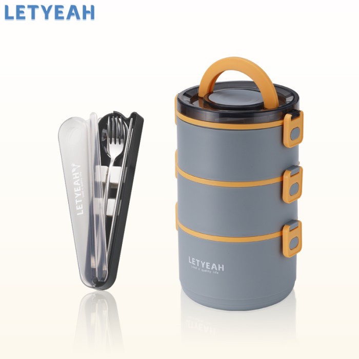 Lunch Box Letyeah 2200Ml 3-Susun Lunch Box Set Portable Alat Makan Set Stainless