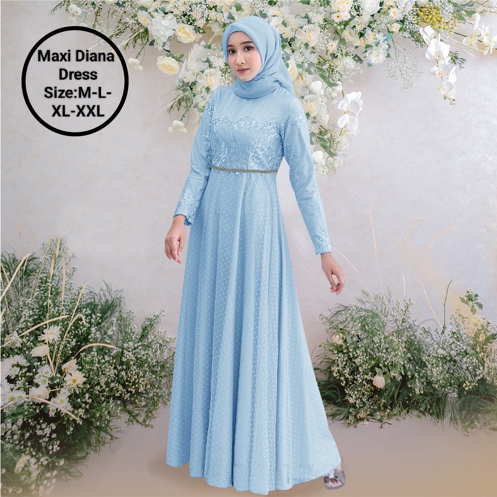 Pakaian Gamis Wanita Busui Model Terbaru Kekinian/Maxi Diana Dress 4 Size M-L-XL-XXL Matt Moscrepe Mix Brokat Mutiara Dan Tille Onde/Dress Kondangan/Dress Elegant