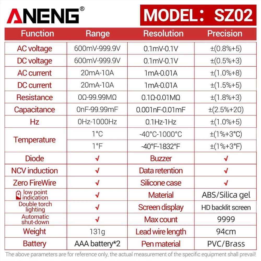 Nanas Smart Digital Multimeter ANENG SZ02 Auto-Ranging Temp Resistance Transistor Testers Pengukur Kapasitansi Listrik