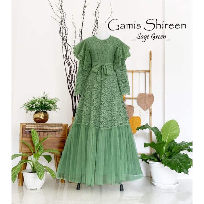 Azzafran - Gamis Brokat Shireen Sage Green Gaun Muslim Modern dengan Tulle Layer Mewah