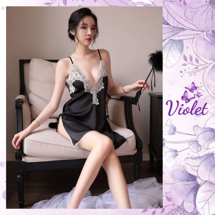 Dress Violet Set Lingerie + G String Sexy Model Satin Lace Erotis 1188
