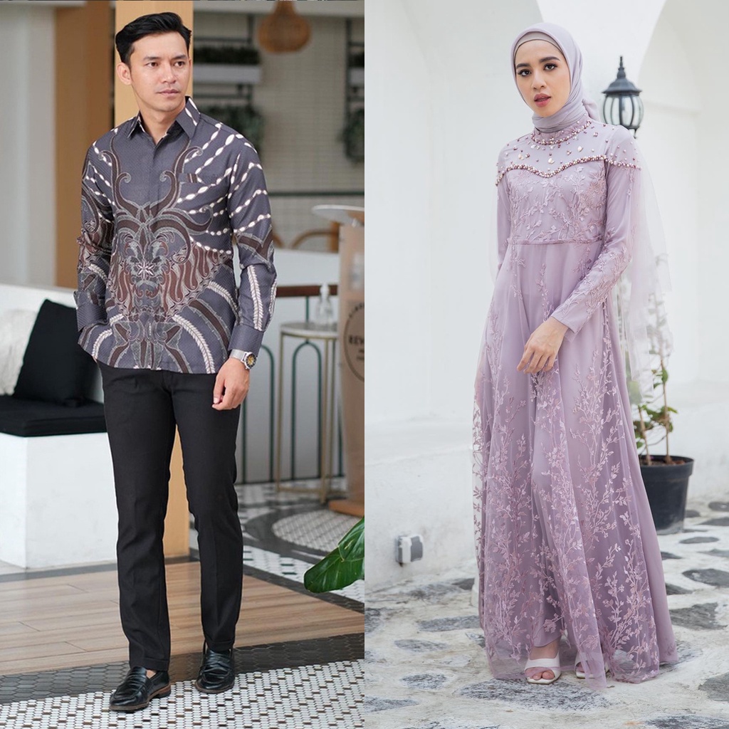 BATIK SOLO - Gamis Couple Namira Dress Kondangan Dan Lebaran Modern Dress Satin Mix Brokat Payet Premium Dress Sarimbit Modern Gamis Couple