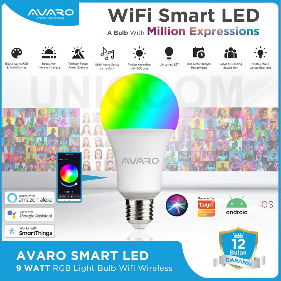 AVARO Lampu Smart LED 9W WiFi Smart Bulb RGB+WW Music Mode
