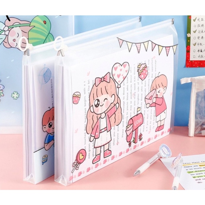 Zipper Bag A4 Bahan PVC Buat Dokumen Buku Storage Pouch Korean Style