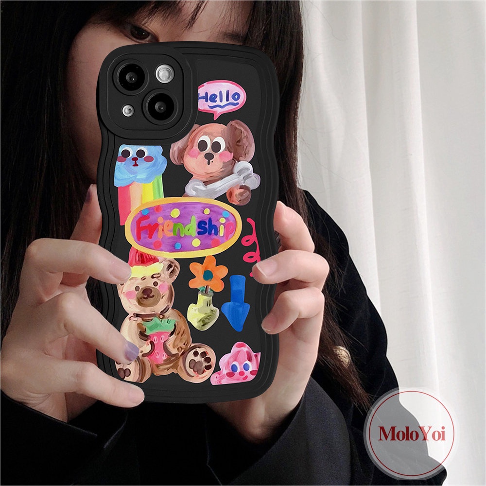 IPHONE Pasangan Kartun Graffiti Case Kompatibel Untuk Iphone11 14 6 6s 8 7 Plus 13 12 Pro Max 14 Plus XR X XS Max SE 2020 Anjing Lucu Populer Gadis Lucu Stiker Tepi Bergelombang Lembut Casing Ponsel TPU