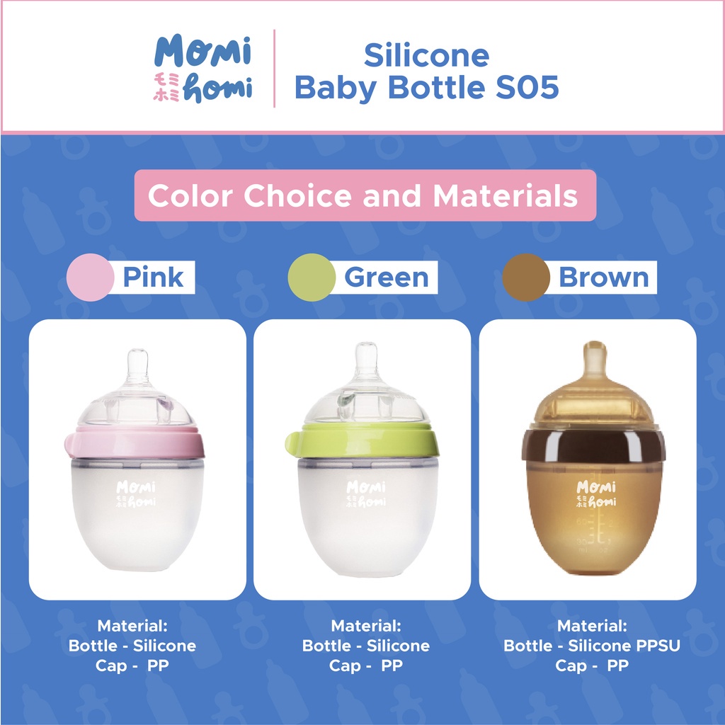 Momi Homi Botol Dot S05 Silikon 150ml / 180ml / 250ml Botol Susu Bayi Wide Neck Silicone Food Grade Tahan Panas Wideneck
