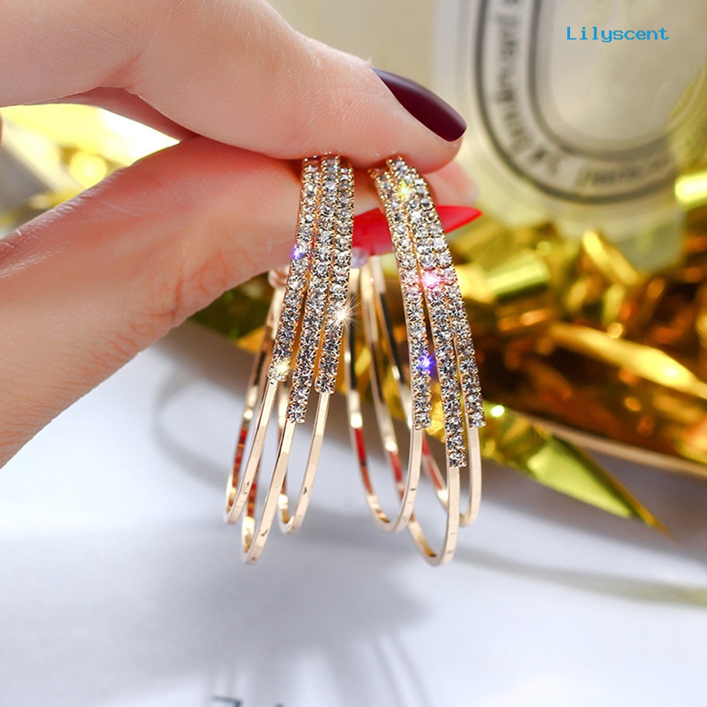 [LS] Wanita Indah Berlian Imitasi Anting Hoop Triple Layer Lingkaran Tindik Perhiasan