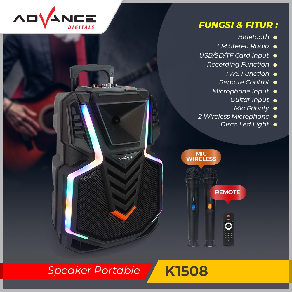 Advance K1508 Speaker Meeting Bluetooth Salon Aktif 15&quot; Gratis 2 Microphone Wireless