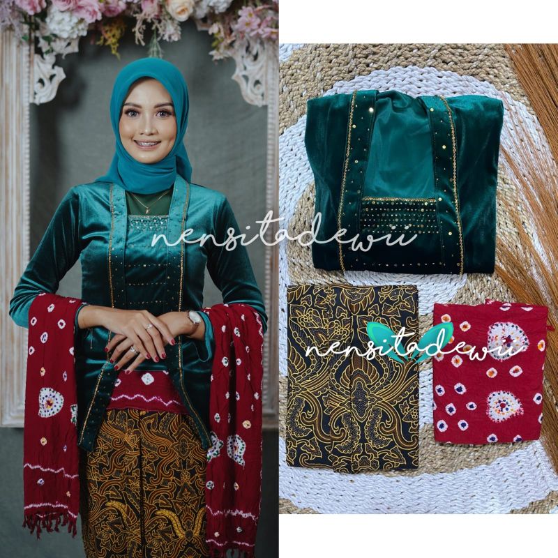 [1 Set, DH03C] Kebaya Payet, Jarik Instan + Selendang Jumputan / Nuansa Hijau Botol