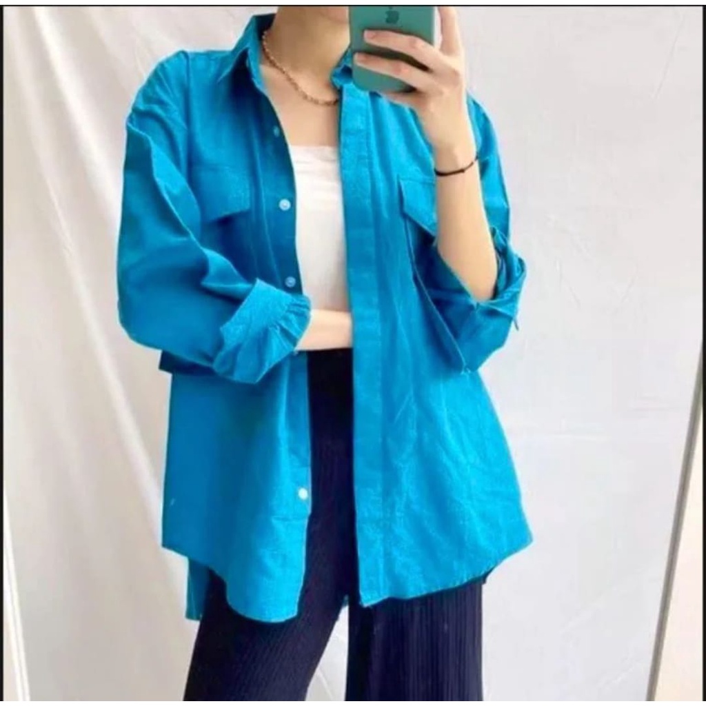 Atasan Kemeja Cewek Kekinian ivana Shirt Bahan Linen Kancing Depan Full Aktif Saku kanan kiri Hidup LD 105 / Baju Wanita Modren Terbaru Busui Friendly / Blouse Terkini / Bluss Ootd