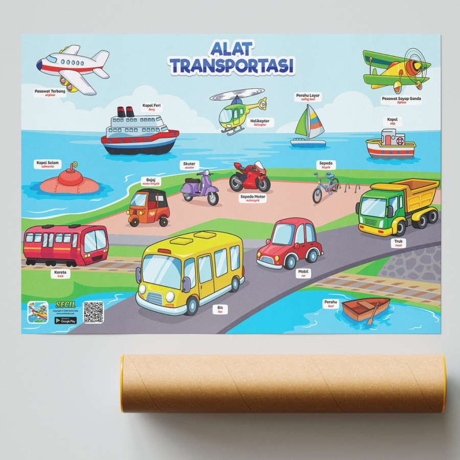 Poster Edukasi Belajar Transportasi anak TK SD PAUD wipe and clean