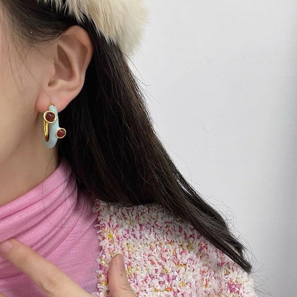 MXBEAUTY Wanita Hoop Earring Hadiah Minoritas Korea Perhiasan Aksesori Bohemia Geometris Berlian Imitasi Lingkaran Biru Telinga Gesper