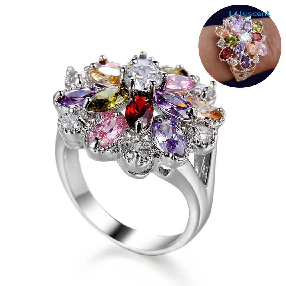 [LS] Wanita Multicolor Cubic Zirconia Hias Cincin Pernikahan Pertunangan Perhiasan Hadiah