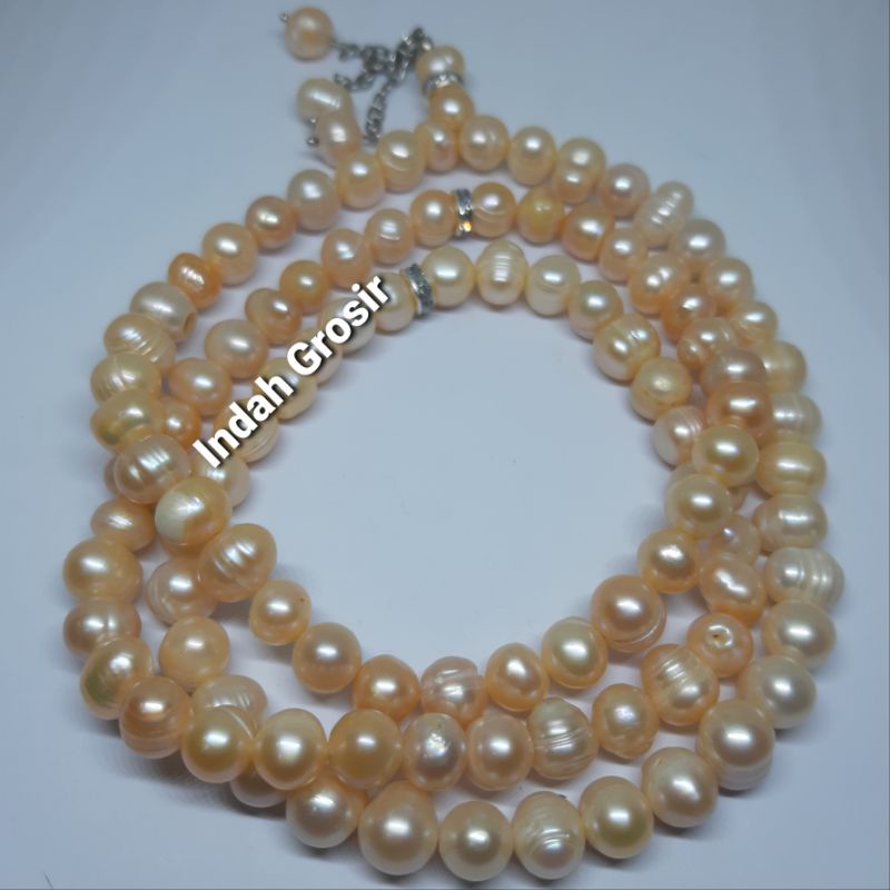 TASBIH MUTIARA ASLI BERKILAU 9MM 99BUTIR WARNA PEACH