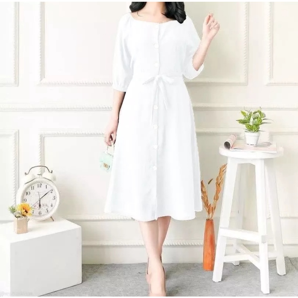 Baju wanita dress midi dress putih kondangan dress busui atasan wanita dress polos pakaian wanita dress sabrina dress korea