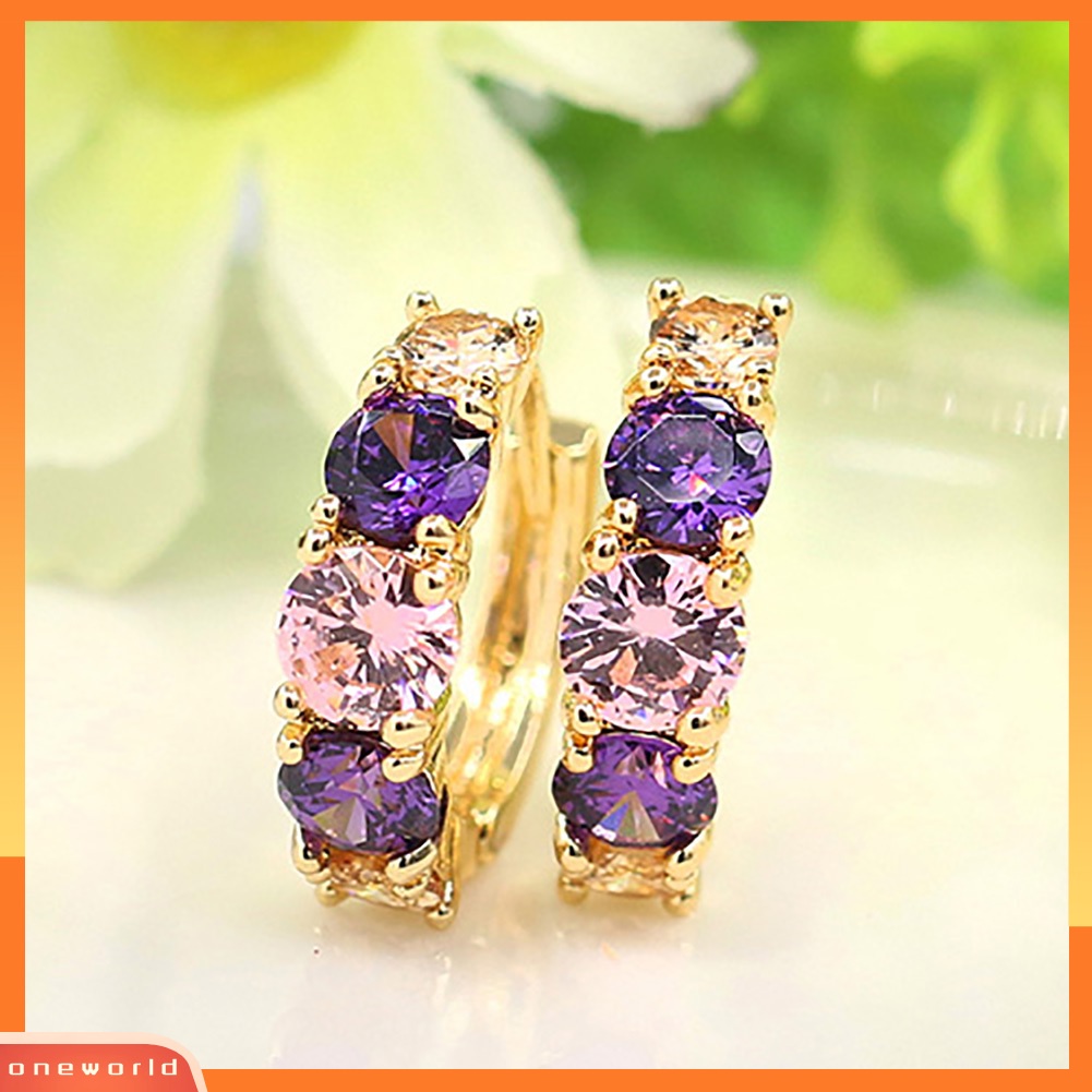 {oneworld} Wanita Fashion Berlapis Emas 9K Ungu Zirkon Eardrop Huggie Anting Perhiasan Hadiah